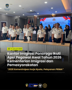 Kantor Imigrasi Ponorogo Ikuti Apel Pegawai Awal Tahun 2026 Kementerian Imigrasi dan Pemasyarakatan “2026 Kemenimipas Kerja Nyata, Pelayanan PRIMA”