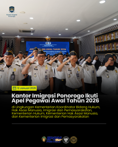 Kantor Imigrasi Ponorogo Ikuti Apel Pegawai Awal Tahun 2026 di Lingkungan Kementerian Koordinator Bidang Hukum, Hak Asasi Manusia, Imigrasi dan Pemasyarakatan, Kementerian Hukum, Kementerian Hak Asasi Manusia, dan Kementerian Imigrasi dan Pemasyarakatan