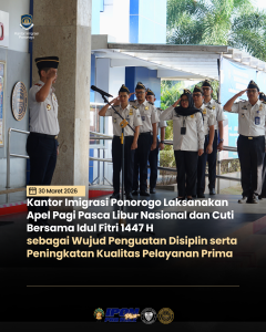 Kantor Imigrasi Ponorogo Laksanakan Apel Pagi Pasca Libur Nasional dan Cuti Bersama Idul Fitri 1447 H sebagai Wujud Penguatan Disiplin serta Peningkatan Kualitas Pelayanan Prima